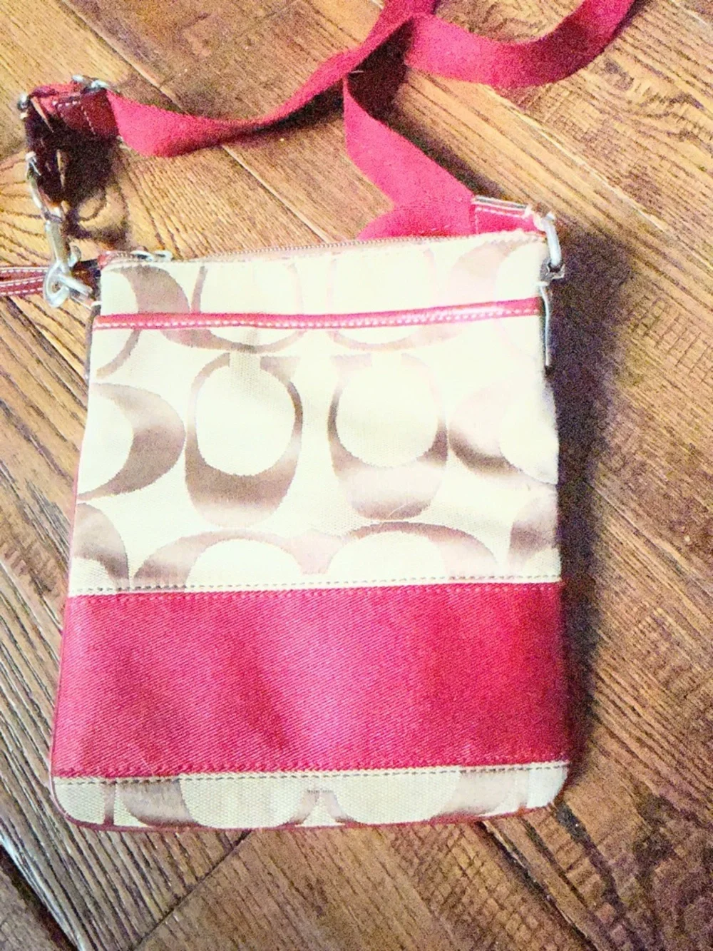 Coach Khaki & Pink Signature Canvas Crossbody